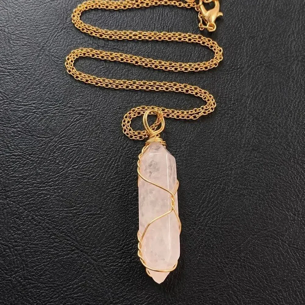 Milky Pink Hexagonal Crystal Necklace Gold Tone Wire Wrapped